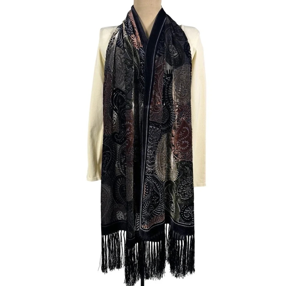 Velvet Burnout Paisley Shawl Scarf Wrap Fringe Trim Black Multicolor Boho Dressy